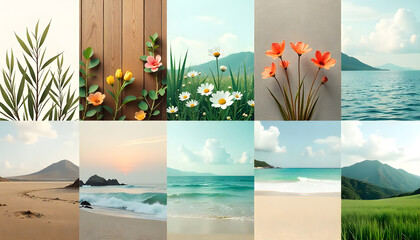 Serene Nature Collection: A collage of diverse scenes from nature, showcasing the beauty of plants, flowers, water, and landscapes