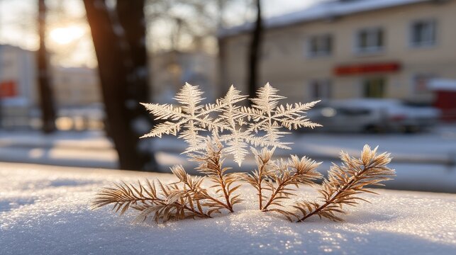 Snowflake rests on winter foliage in a quiet neighborhood during golden hour with warm sunlight illuminating the scene - Powered by Adobe
