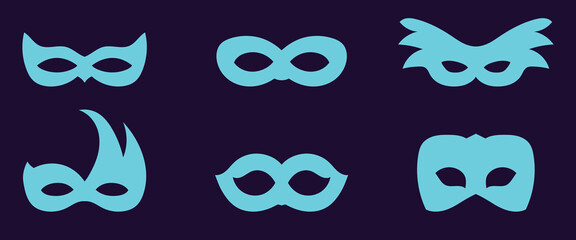 Collection of twenty black Venetian masquerade masks on a white background carnival party