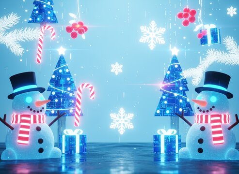 Cyberpunk Christmas background with futuristic snowmen wearing digital glasses, neon blue lights, glitch effects, candy canes, and gifts. High-tech festive winter frame for modern holiday design.