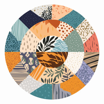 Circular Quilt Pattern with Diverse Textures and Colors.