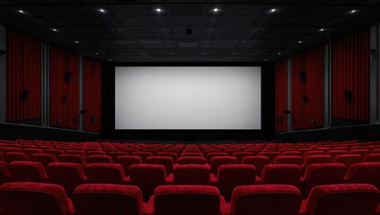 Vacant movie theater with red seats and a blank white screen
