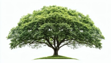 Fototapeta premium The illustration shows a large, mature oak tree with a full, dense canopy of bright green leaves, set against a stark white backdrop.