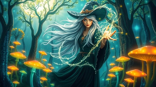 A mystical witch with an ethereal glow, standing amidst a vibrant digital forest filled with towering data-trees that have circuit board trunks and leaves that shimmer like fibers of light, surrounded
