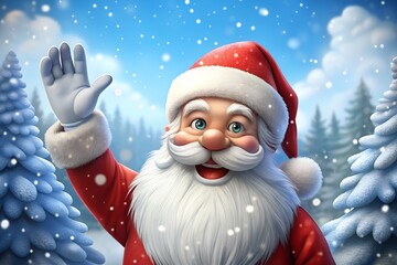 Friendly santa claus waving hello in a snowy winter forest with falling snowflakes