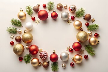 Festive christmas wreath made of golden red and silver baubles and green fir branches arranged in a circle on a light background