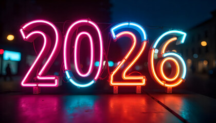 Illuminating Future: 2026 in vibrant neon lights, set against the backdrop of a bustling city street, offering a glimpse of anticipation and celebration.