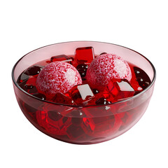 Refreshing red jelly dessert with ice spheres glistening in a glass bowl, perfect for summer treats and sweet indulgence, offering a modern and delicious look