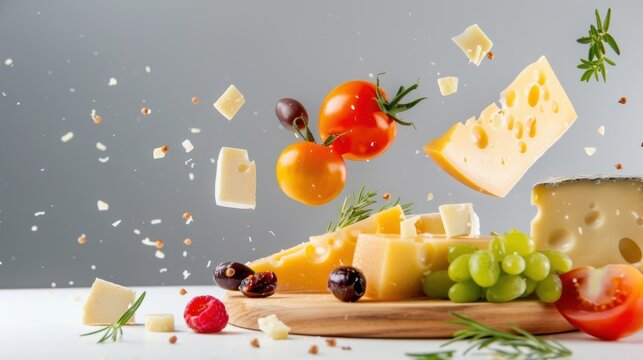 Colorful ingredients flying in the air with cheese, fresh herbs, tomatoes, olives, and grapes on a wooden board