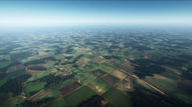 Aerial view of rural landscape with green fields, roads and small villages under clear blue sky - Powered by Adobe
