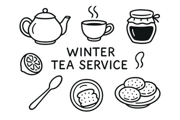 Black and white outline drawings depicting a teapot, steaming cup, jam jar, lemon slice, spoon, bread slice, and cookies, labeled "winter tea service.