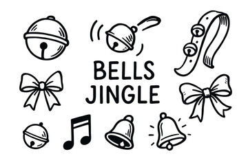 Hand-drawn jingle bells, musical notes, and bows creating a festive theme with a ringing bell and decorative bow elements.