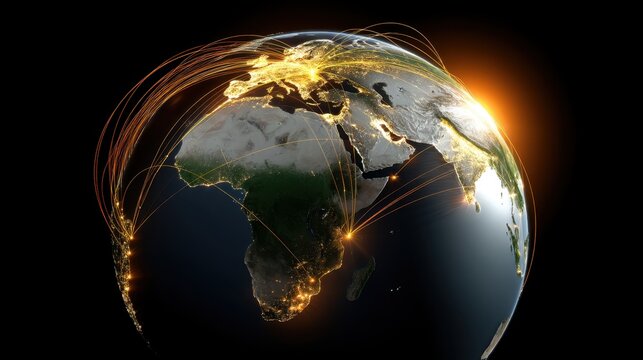 Global Communication Network Concept with Bright Data Connections Over Earth at Night Illuminated by City Lights and Sunrise Effect