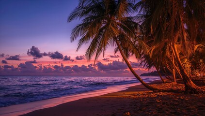 Serene sunset scene along the shore with coconut trees