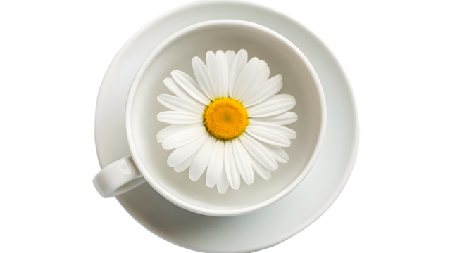 Chamomile flower in a white cup isolated on transparent background, top view - Powered by Adobe