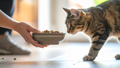 Feral cat management includes providing food and care for stray feline in urban environment to support animal welfare and reduce population