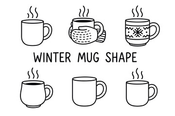 Obraz premium Black outline illustration of six different steaming mugs, including one with winter mittens and one with a snowflake pattern.