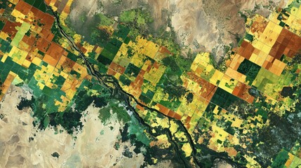 Abstract multicolor aerial patchwork — green, yellow & magenta for presentation backgrounds, posters and wallpapers
