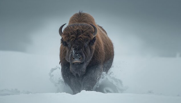 Large muskox bull trekking through snowy tundra in a winter storm