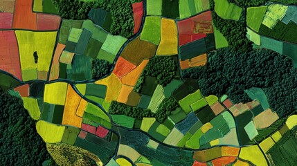 Abstract multicolor aerial patchwork — green, yellow & magenta for presentation backgrounds, posters and wallpapers