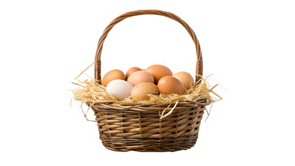 Basket full of brown eggs and one white egg isolated on transparent background