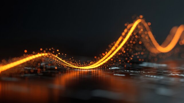 Abstract representation of sound waves with vibrant orange colors and glowing particles creating visual rhythm and energy in a digital environment