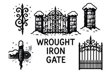 Obraz premium Black and white illustration of an ornate wrought iron gate and fence with snow-covered stone pillars, featuring intricate scrollwork and decorative spikes.