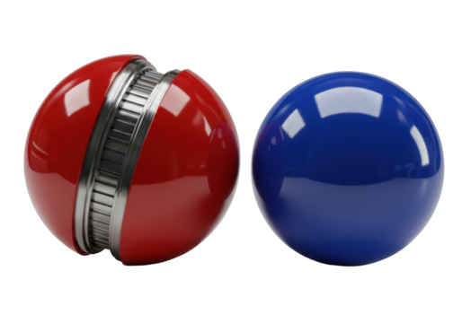 Bisected ruby-red plastic sphere and whole sapphire-blue ball, high-gloss, sharp reflections on a transparent background, low-angle macro product shot, concept of modern precision