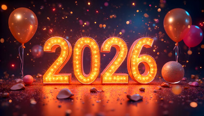 Illuminated 2026 Celebration: Radiant golden numerals mark the arrival of the year, flanked by festive balloons amidst a shower of sparkling confetti. A celebratory spectacle of anticipation.