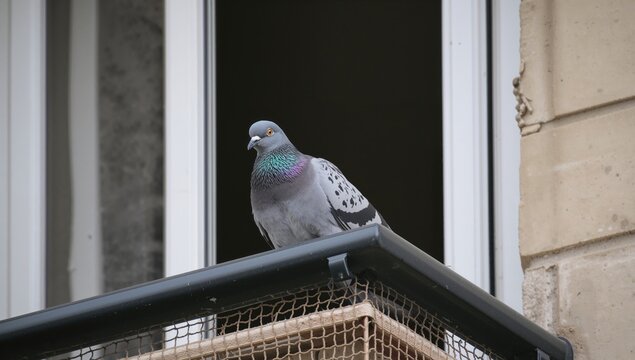 Close-up of a pigeon perched on a balcony shielded by a bird net, perfect for design inspiration