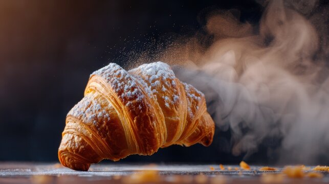 Freshly Baked Croissant with Steam Rising in a Rustic Bakery Setting Surrounded by a Dusting of Powdered Sugar - Powered by Adobe