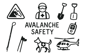 Obraz premium Black outline icons depicting various avalanche safety equipment, including a rescue dog, helicopter, and warning sign, highlighting essential tools for rescue operations.
