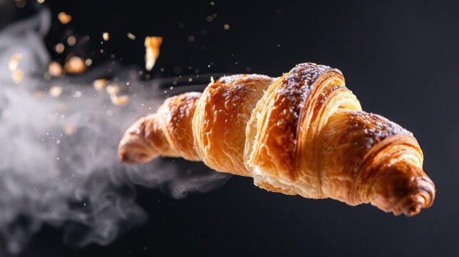 Freshly Baked Croissant Floating with Flour Dust on Black Background Capturing a Morning Delight