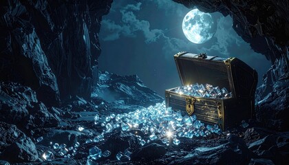 Open Treasure Chest with Gems in Moonlight Cave