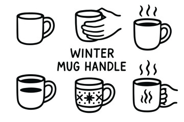 Black outline icons of various mug designs and a hand holding a mug, with a decorated winter-themed mug in the center.