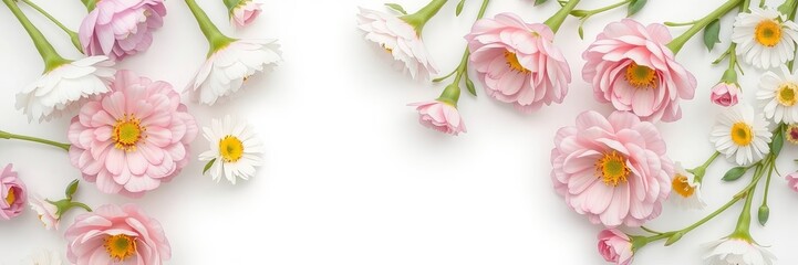 Fototapeta premium Delicate pastel pink zinnia and white daisy blossoms are beautifully arranged on a clean white background, creating an elegant floral composition.