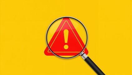 Alert icon emphasizing caution with a magnifying glass highlighting a red exclamation mark on a yellow background for industrial safety.