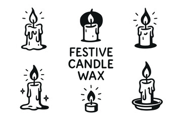 Black outline illustrations of melting candles and a tealight, emitting light, surrounding the words "festive candle wax.