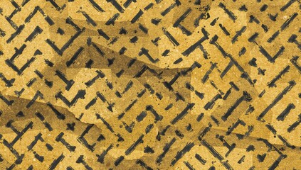 Seamless geometric rhombus pattern with gold grunge effect. Repetitive golden textured background for design use. 2D illustration.