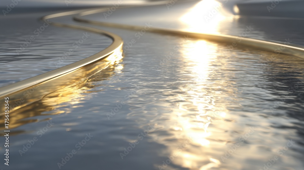 Wall mural Golden Flowing Water Reflection at Sunset with Gentle Curves and Soft Light Creating an Ethereal and Tranquil Atmosphere for Relaxation and Serenity