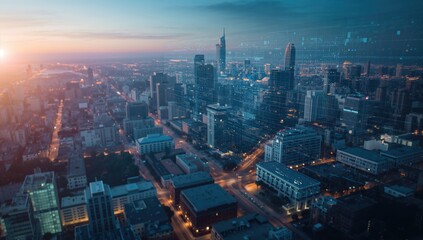 A futuristic smart city showcases business analytics transforming with AI-driven big data for strategic insights.