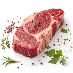 Premium Raw Beef Chuck Eye Steak: Fresh Cut of Marbled Red Meat on White Background with Herbs and Spices, Gourmet Food Photography for Culinary Excellence