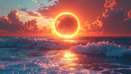 Orange Sunset Over Ocean Waves Digital Art