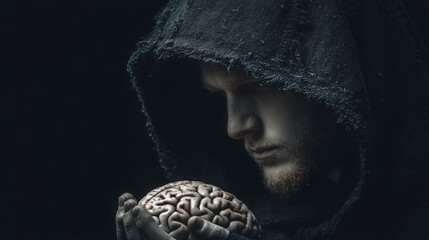 A man in black hood holding the human brain on his hand , black background.