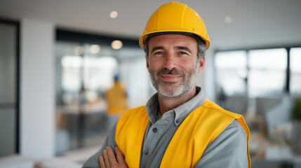 A construction site supervisor wearing a helmet and reflective vest overseeing electricians and painters preparing walls and wiring systems, showcasing leadership, coordination, safety culture, and