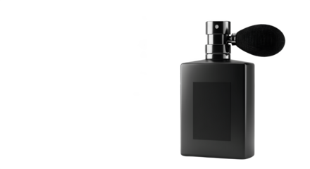 Elegant black perfume bottle mockup with spray nozzle and silver-black cap on white background. Realistic cosmetic packaging template for fragrance, beauty, branding, and luxury product design.