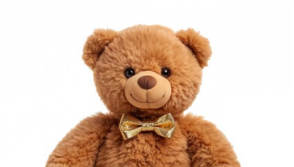 Obraz premium Cute brown teddy bear on a plain white backdrop with space for text