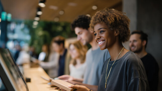 A multicultural group of customers collecting their restored shoes from a service counter, representing customer satisfaction, sustainability, community connection, and the return of local repair