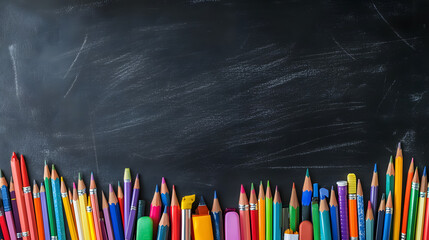 A school supplies border displayed on a black chalkboard in a panoramic view.