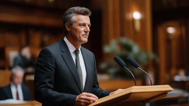 Speaker of parliament addressing representatives with emotion of authority and leadership, symbolizing national governance, formal political debate, and the power of democratic institutions shaping
